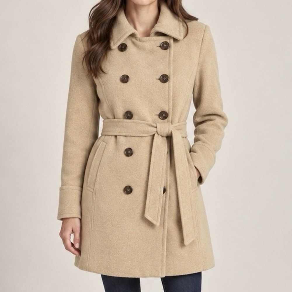 THML Lean On Me Coat S Camel Wool Blend Double Breasted Belted Tailored Heritage